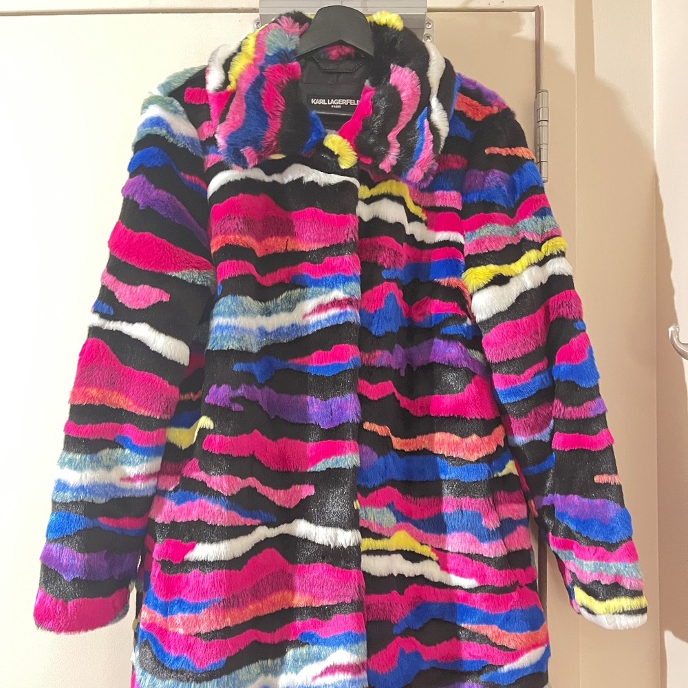Karl Lagerfeld Paris Multicolor Faux Fur Coat Size Large Rainbow Zebra Like New